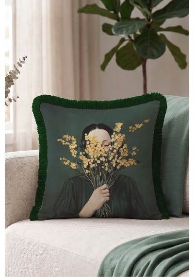 Kadın Çiçek Figürlü Saçaklı Yastık Kılıfı - Sanatsal Floral Modern Sarı Gri Püsküllü Kırlent Kılıfı Uzak Sahil Aura Kadın Çiçek Figürlü Saçaklı Yastık Kılıfı - Sanatsal Floral Modern Sarı Gri Püsküllü Kırlent Kılıfı Uzak Sahil Aura