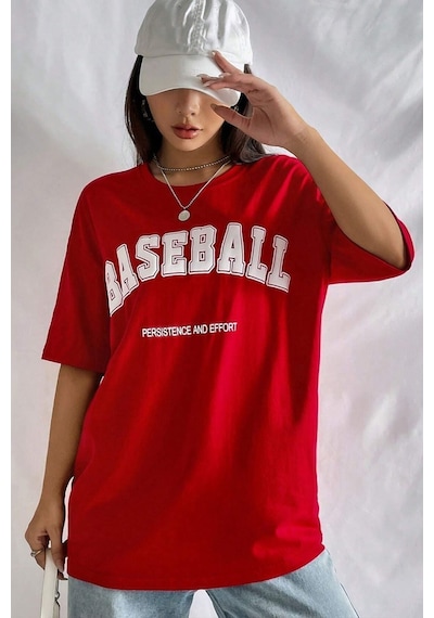 Uyguntarz Unisex Baseball Baskılı Oversize Tshirt Kırmızı