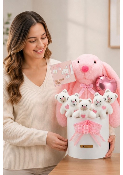Yenidoğan Kız Bebek Hediyesi Baby Shower Tavşan Uyku Arkadaşı Ve Pembe Peluş Ayıcık Buketi