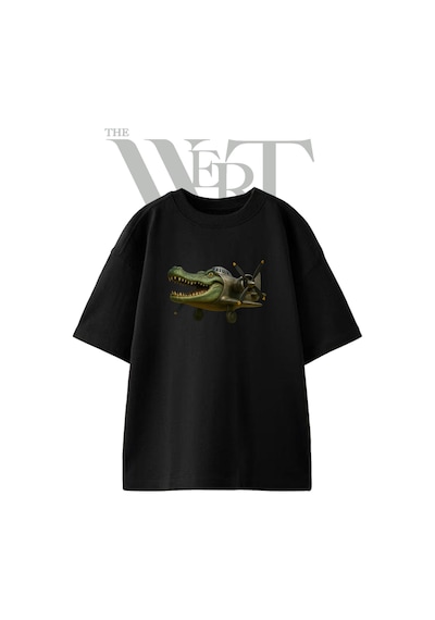 Thewert Crocodile Plane Tasarım Baskılı Ünisex Siyah Oversize T-shirt