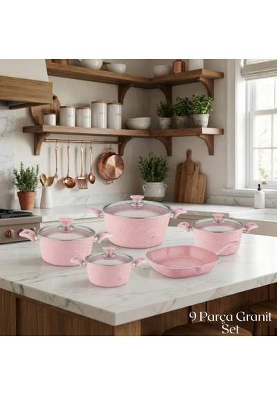 9 Parça Granit Set Cam Kapak - Pembe Pembe