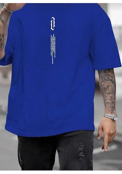 Kozia Outdoors Dikey Baskılı O Yaka Oversize Unisex Basic T-shirt Mavi