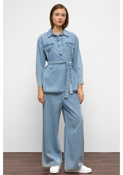 Olcay Geniş Paça Pantolon Denim İkili Takım Mavi 9379-tk