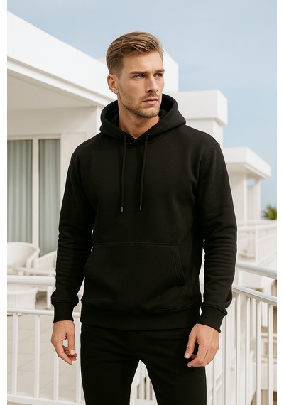 Rich Erkek Siyah Pamuklu Cep Detaylı Kapüşonlu Sweatshirt Siyah