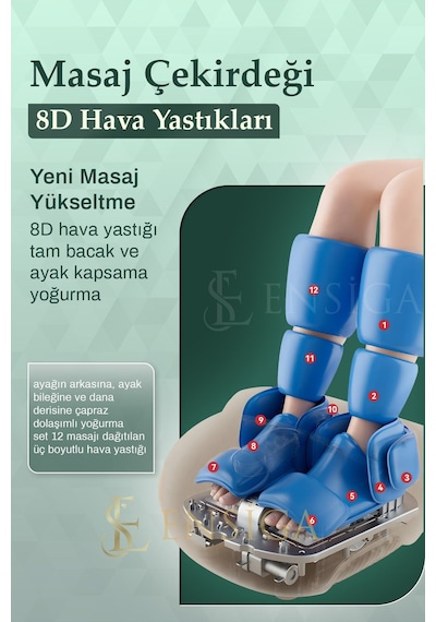Yoğurmalı Isıtmalı Silindir 8d Hava Yastığı Kompres Baldır Çok İşlevli Ayak Masaj Aleti Mavi