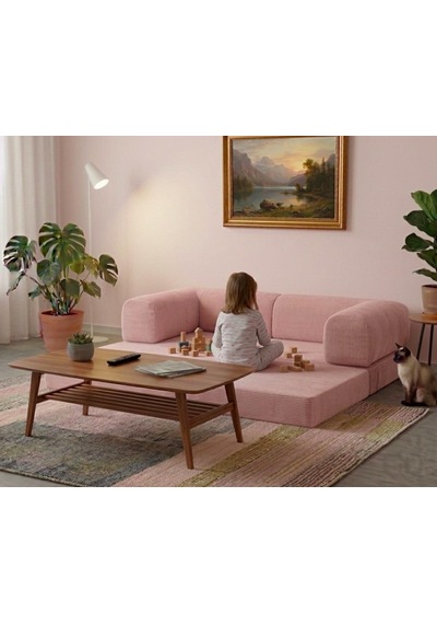 Herev Modüler Kanepe 200x100 50 Dns Süngerli Fitilli Kadife Kumaşlı, Yatak Olabilen, Modern Tasarım Pembe