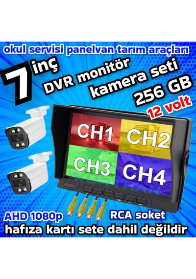 Tarım Araçlarına Özel 2 Adet Ahd 2 Mp Warm Ledli Kamera 7 İnç Qled Ips 256 Gb Dvr Monitör 12 Volt