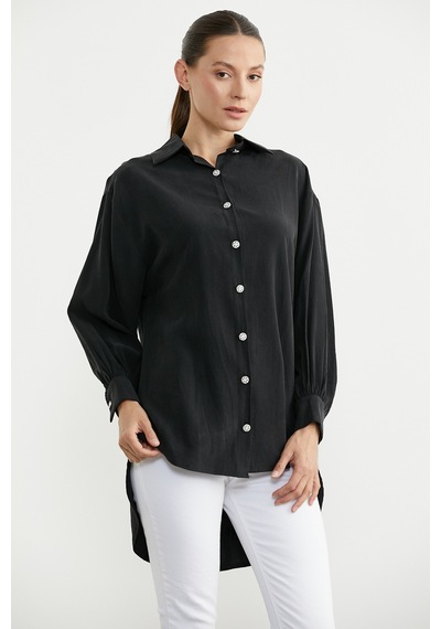 Sementa Tencel Arkası Uzun Oversize Gömlek - Siyah