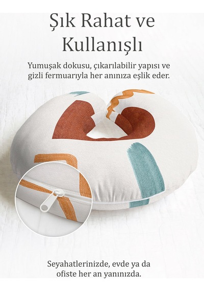 Modern Soyut Desenli Boyun Yastığı - Sanatsal Geometrik Bej Turuncu Yeşil Seyahat Yastığı Buzlu Deniz Yosun