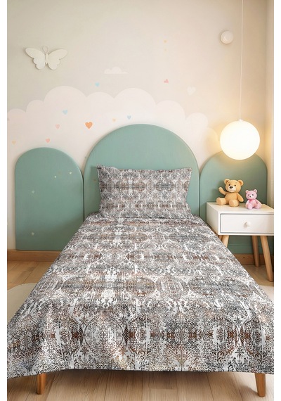 Vintage Geometrik Bej Tek Kişilik Pike Takımı - Bohem Gri Kahve 160x220 Cm Mevsimlik Yatak Örtüsü Gümüş
