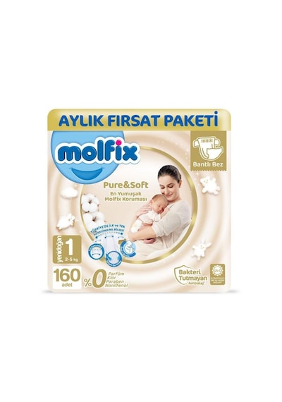 Molfix Pure&Soft Bantlı Bez 1 Numara Yenidoğan 160 Adet Süper Fırsat Paketi