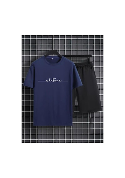 Medinenur El Yazı Detaylı Baskılı T-shirt Short Bol Paça Rahat Kalıp Siyah Alt Siyah Üst Short Takım Lacivert