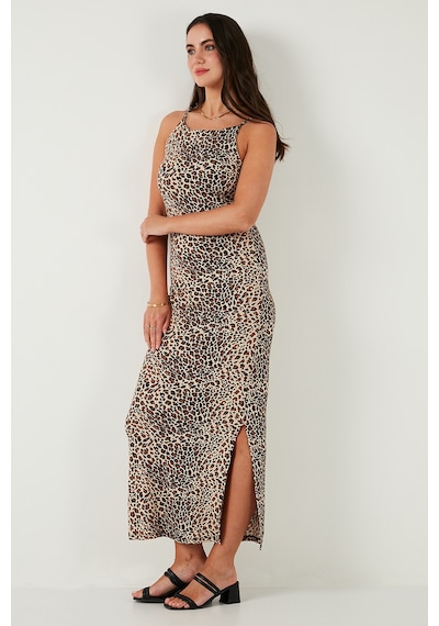 Lela Slim Fit Yırtmaç Detaylı Midi Boy Bayan Elbise 5866224 Leopar