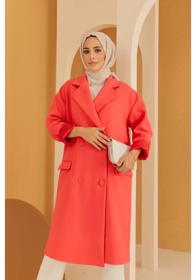 TrendMarfa Önü Düğmeli Kuşaklı Tesettür Kaşe Kaban Narçiçeği