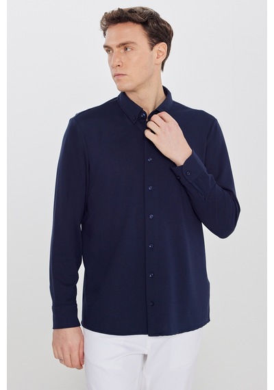 Ac&Co / Altınyıldız Classics Erkek Lacı Pamuklu Tailored Slim Fit Dar Kesim Düğmeli Yaka Örme Gömlek