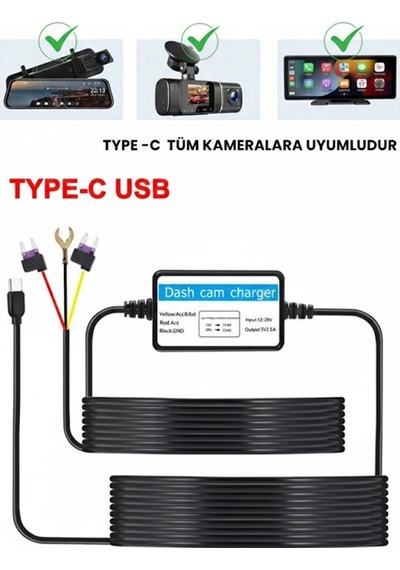 Epilons Park Modu Kablosu Type-c Akü Sigorta Bağlantı Kablosu Araç İçi Kamera Tüm Kameralara Uyumlu Standart