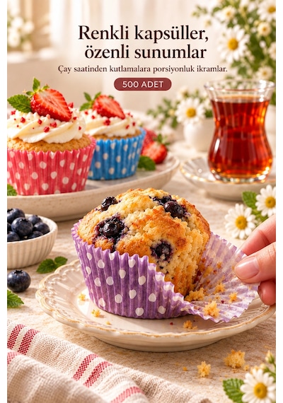500 Adet Kağıt Muffin Kalıbı Cupcake Kek Kapsülü Desenli Puantiyeli Tek Kullanımlık Tatlı Sunum Kab Çok Renkli