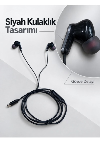 Ers Dahili Mikrofonlu Type C Kablolu Kulaklık Siyah Gövde