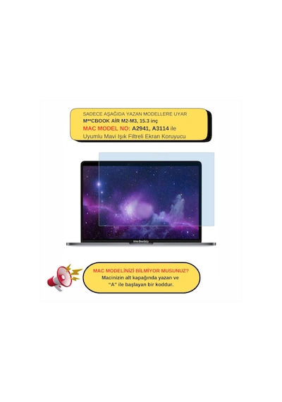 Apple Uyumlu MacBook Air 15 İnç M2-m3 Ekran Koruyucu Mavi Işık Filtresi Touchıd'li Air A2941 A3114 İle Anti Blue Ray