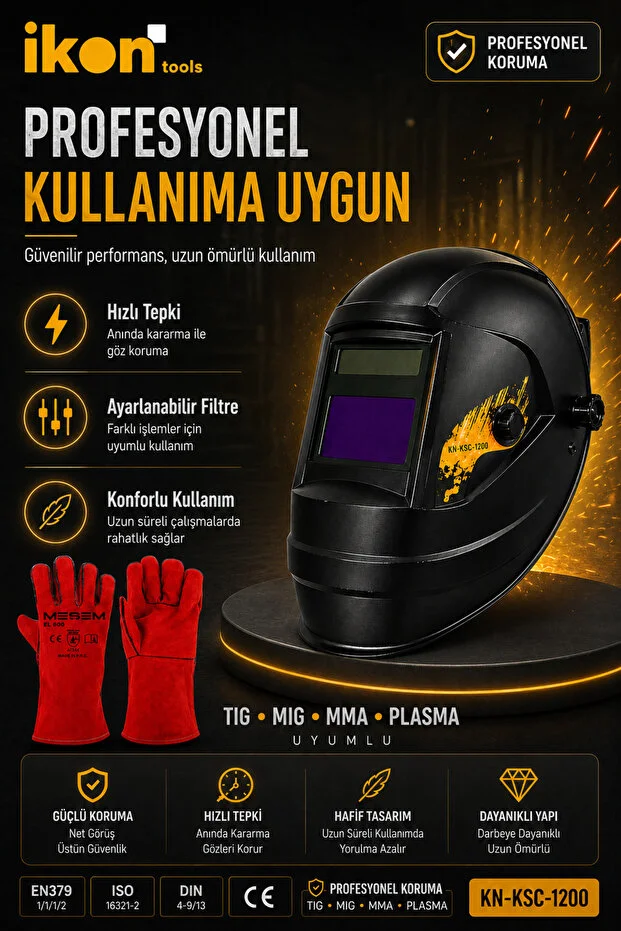 İkon Tools Otomatik Kararan Kaynak Maskesi Kn-ksc-1200 Kaynakçı Eldiveni Seti Dın 9-13 Tıg Mıg Mma Uyumlu