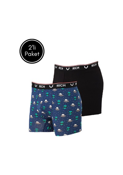 Rich Erkek Likralı Desenli Ve Düz 2'li Boxer Paketi Açık Bej