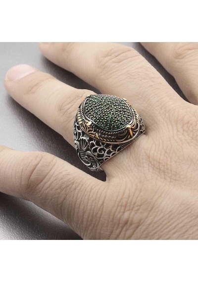 Gümüş Yeşil Zirkon Taşlı Oval Erkek Yüzük Gümüş