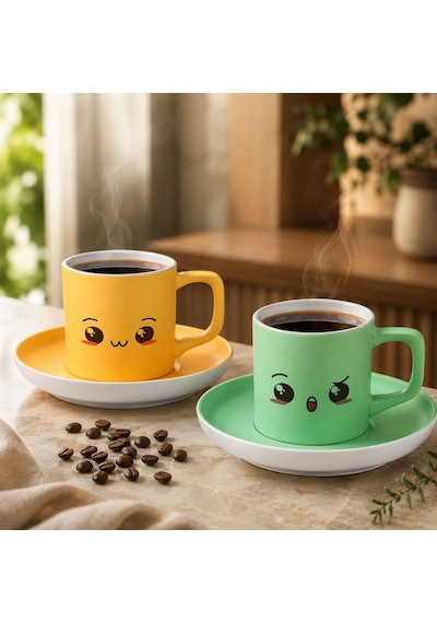 Bk Gift 2'li Sarı Ve Yeşil Renkli Emoji Yüz Tasarımlı Seramik Türk Kahvesi Fincanı Takımı-8