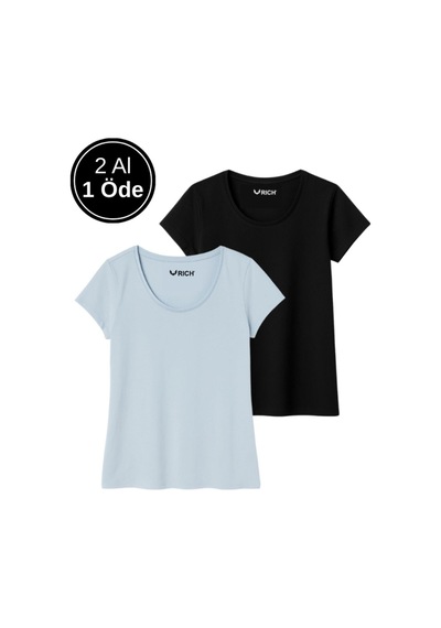 Kadın %100 Pamuk 2'li Paket Kısa Kollu Yuvarlak Yaka Tişört Mavi