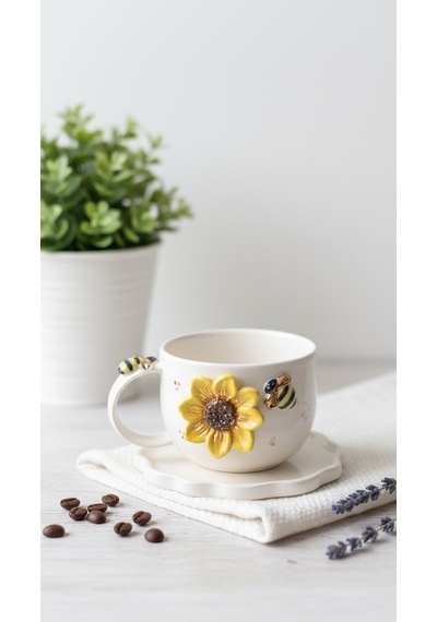 24k Altın El Yapımı Ayçiçeği Ve Vız Vız Arı Temalı Seramik Mug Altın - Sarı