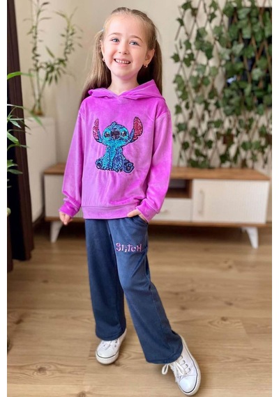 Riccotarz Kız Çocuk Stitch Karakter Baskılı Pullu Sweatshirt Mor Kadife Eşofman Takım Riccotarz Kız Çocuk Stitch Karakter Baskılı Pullu Sweatshirt Mor Kadife Eşofman Takım