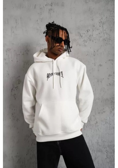 Yake Store Erkek Kordon İpli Baskılı Kapüşonlu Sweatshirt - Beyaz - Beyaz