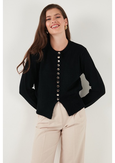 Lela Premium Comfort Fit Yuvarlak Yaka Crop Triko Bayan Hırka 680Hi00164 Siyah