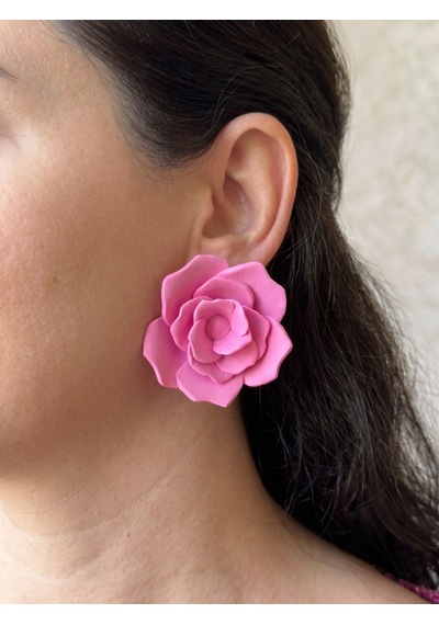 Kadın Küpe Büyük Pembe Gül Model - 6 Cm Minimalist Halka/çivili Gül Çiçek Küpe