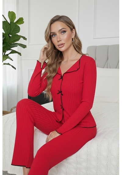 Bella Notte Pamuklu Kırmızı Fiyonk Detaylı Mevsimlik Pijama Takımı