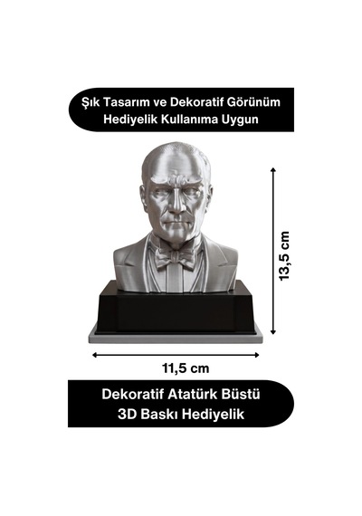 Atatürk Mustafa Kemal Atatürk Büstü 3d Baskı Dekorasyon Biblo Gümüş Gri Premium Tasarım Şık Obje Ev