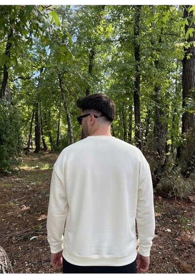 Erkek Oversize Bisiklet Yaka Geniş Kesim Sweatshirt Beyaz