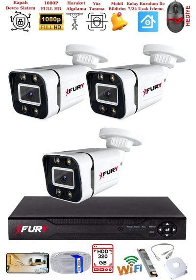 Fury 3 Kameralı 1080p Görüntü Gece Renkli Full Hd 4 X Ultra Led Gece Renkli Güvenlik Kamerası Seti 320gb