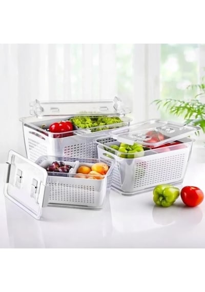 Vinoa 3'lü 2,5 Lt + 5 Lt + 9 Lt Süzgeçli Buzdolabı Düzenleyici Organizer + Saklama Kabı Beyaz