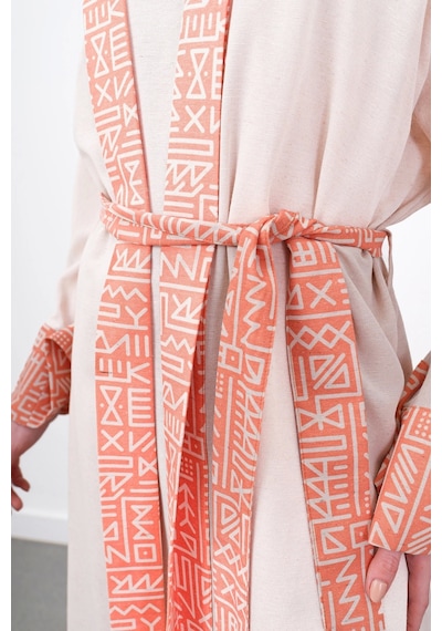 Pureva Garni Detaylı Kuşaklı Keten İkili Kimono - Bej/oranj Çok Renkli