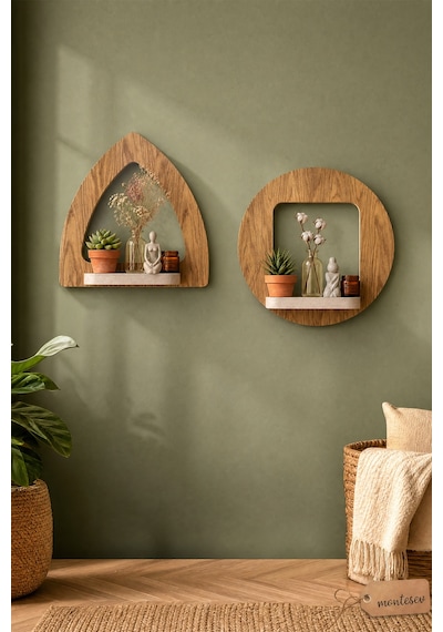 Ahşap Dekoratif Duvar Rafı 2 Li / 3 Lü Set Mtsv - 857 Kahverengi