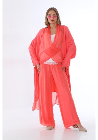 Bohem Stil Italyan Ipek Detaylı Oversize Kap Bluz- Wes Pantolon Takım-8789 Görsel