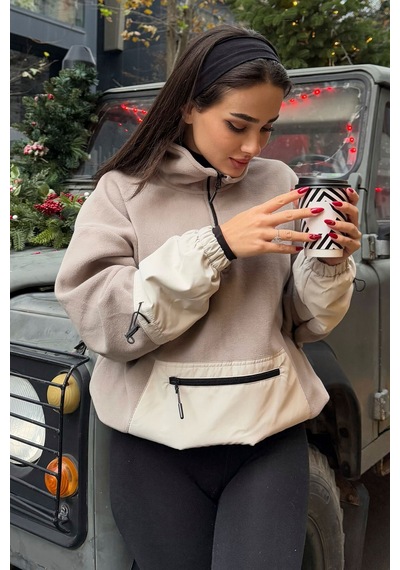 Tommy Life Koyu Bej Etek Ucu Büzgülü Yarım Fermuarlı Oversize Kadın Polar Sweatshirt - 97238 Koyu Bej