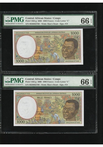 2 Adet Congo Central African States 1000 Francs Frank Seri Takipli P 102cg Pmg 66 Epq Gem Unc Çil