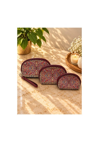 Badufa Home Desenli Fermuarlı Çok Amaçlı 3 Boy Mini Çanta -simli Bordo Bordo