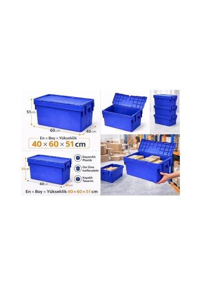 7li 40 60 51 Cm Mavi Menteşe Kapaklı Plastik Kasa