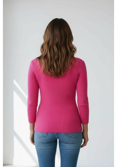 Miss Poem Kadın Fuşya Fitilli Balıkçı Yaka Slim Fit Triko Kazak Fuşya