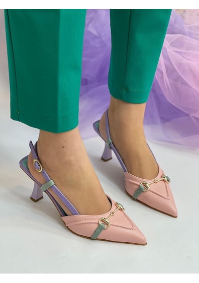 Ervanın Butiği Pembe Yeşil Deri Moss Toka Detay Kadın Stiletto-3536