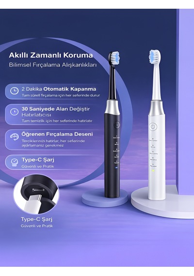 Deanb 500mah Titreşimli Elektrikli Diş Fırçası 5 Modlu 4 Yedek Başlık Beyaz