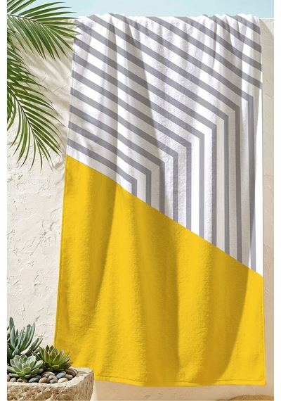 Geometrik Çizgili Sarı Plaj Havlusu - Modern Minimalist Gri Beyaz Hızlı Kuruyan Mikrofiber Havlu Çok Renkli