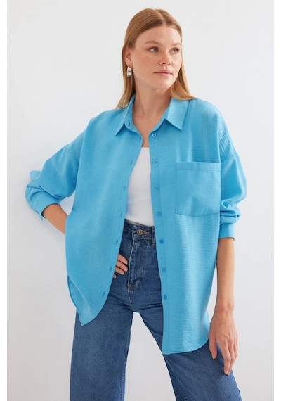 Defymoda 20153 Tek Cepli Oversize Keten Gömlek - Açık Mavi Açik Mavi